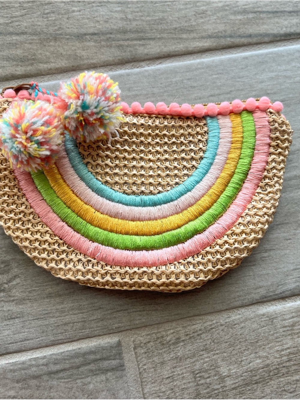 Kids Rainbow Straw Pouch with Pom Trim - Pink, Green, Yellow, Blue